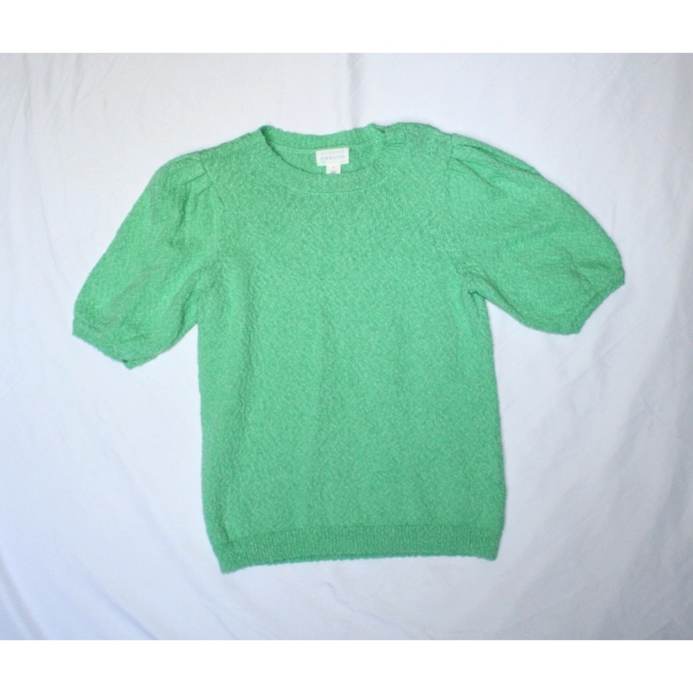 Caslon Womens Puff Short Sleeve Knit Crochet Textured Sweater Top Mint Green S